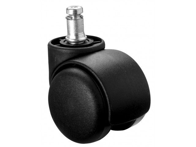 Rodízio preto para cadeira de escritório com haste prateada.