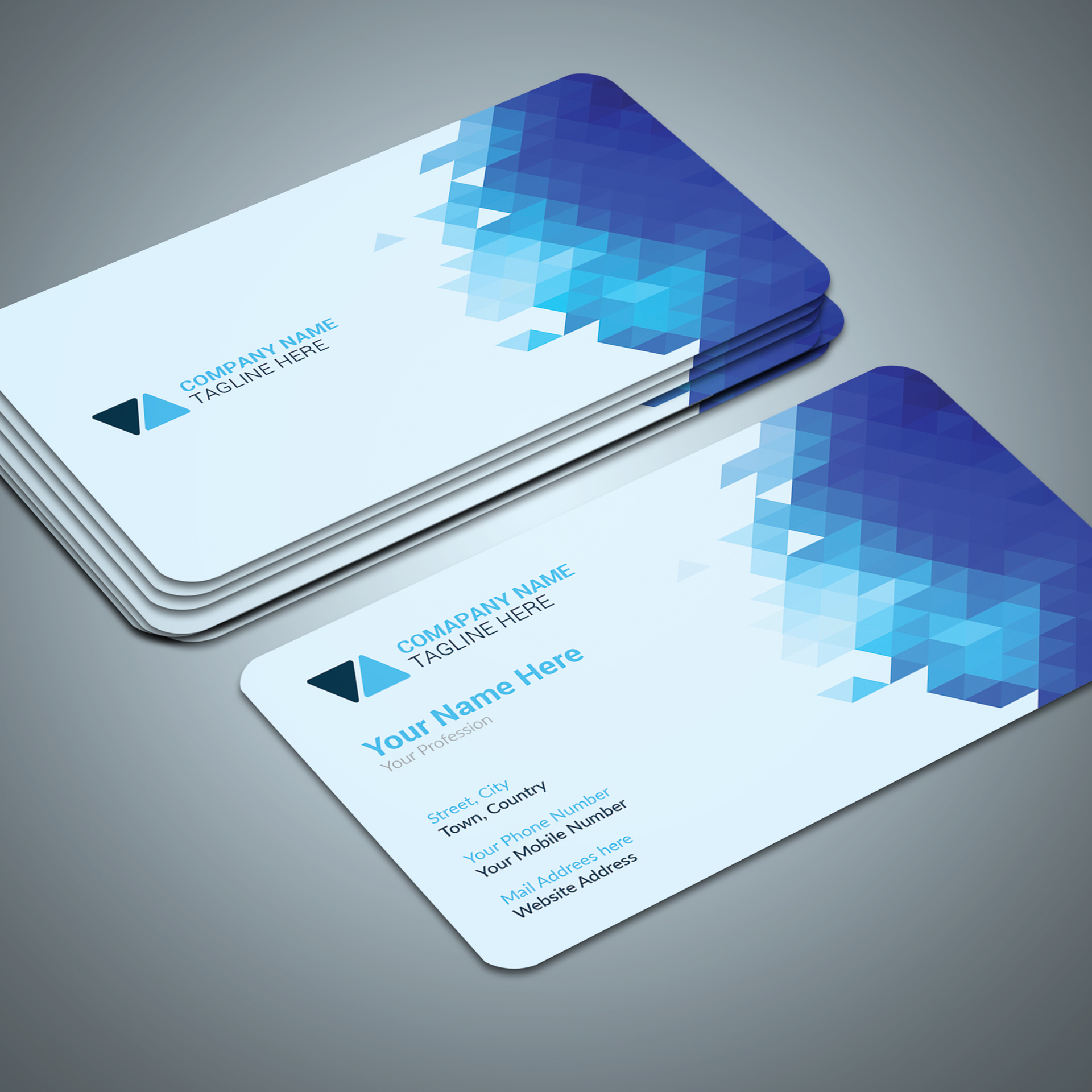 Business cards: white with blue geometric pattern, rounded corners. Stack of cards and one card visible.