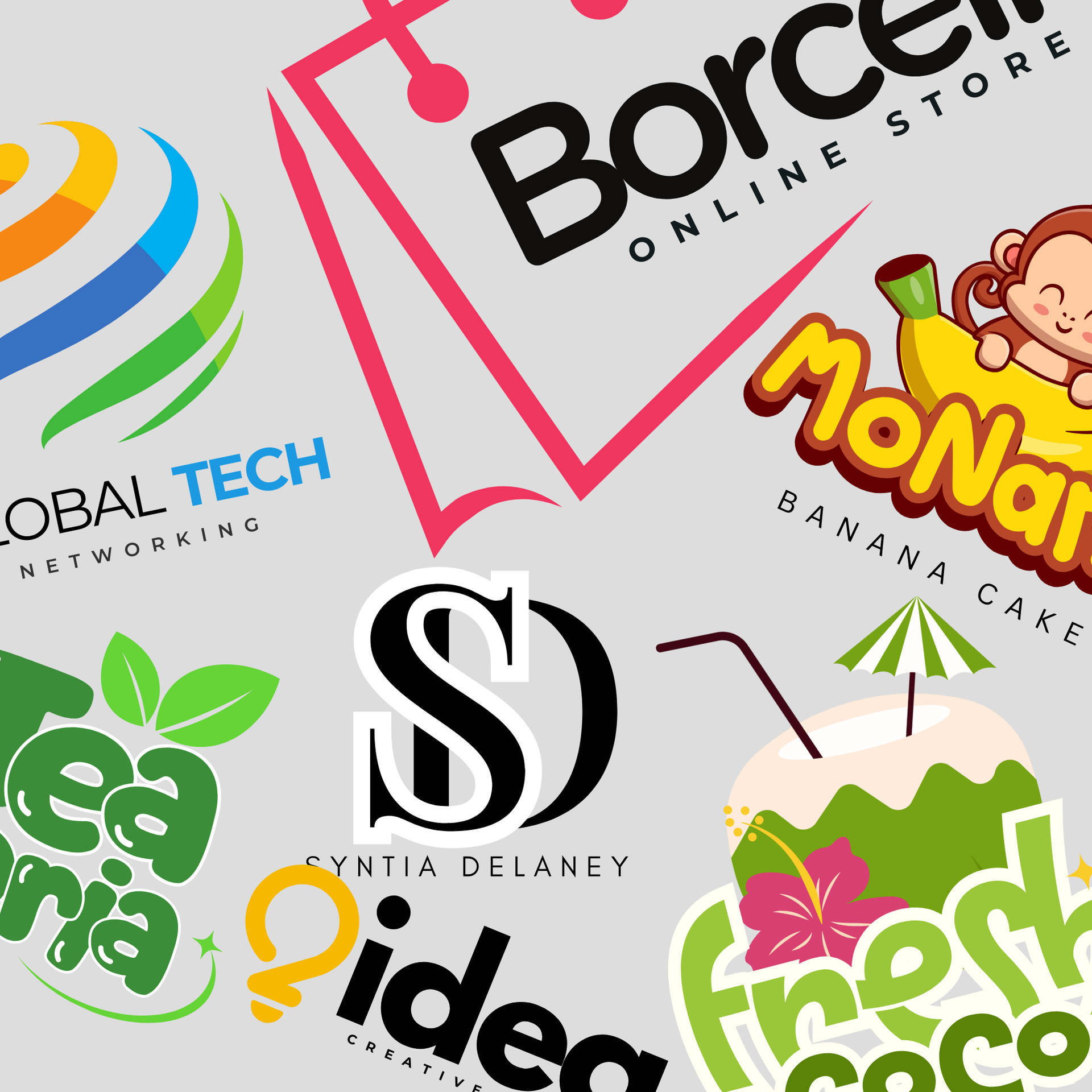 Logos for a tech company, online store, banana cake, tea bar, designer, idea, and a fresh coco drink.