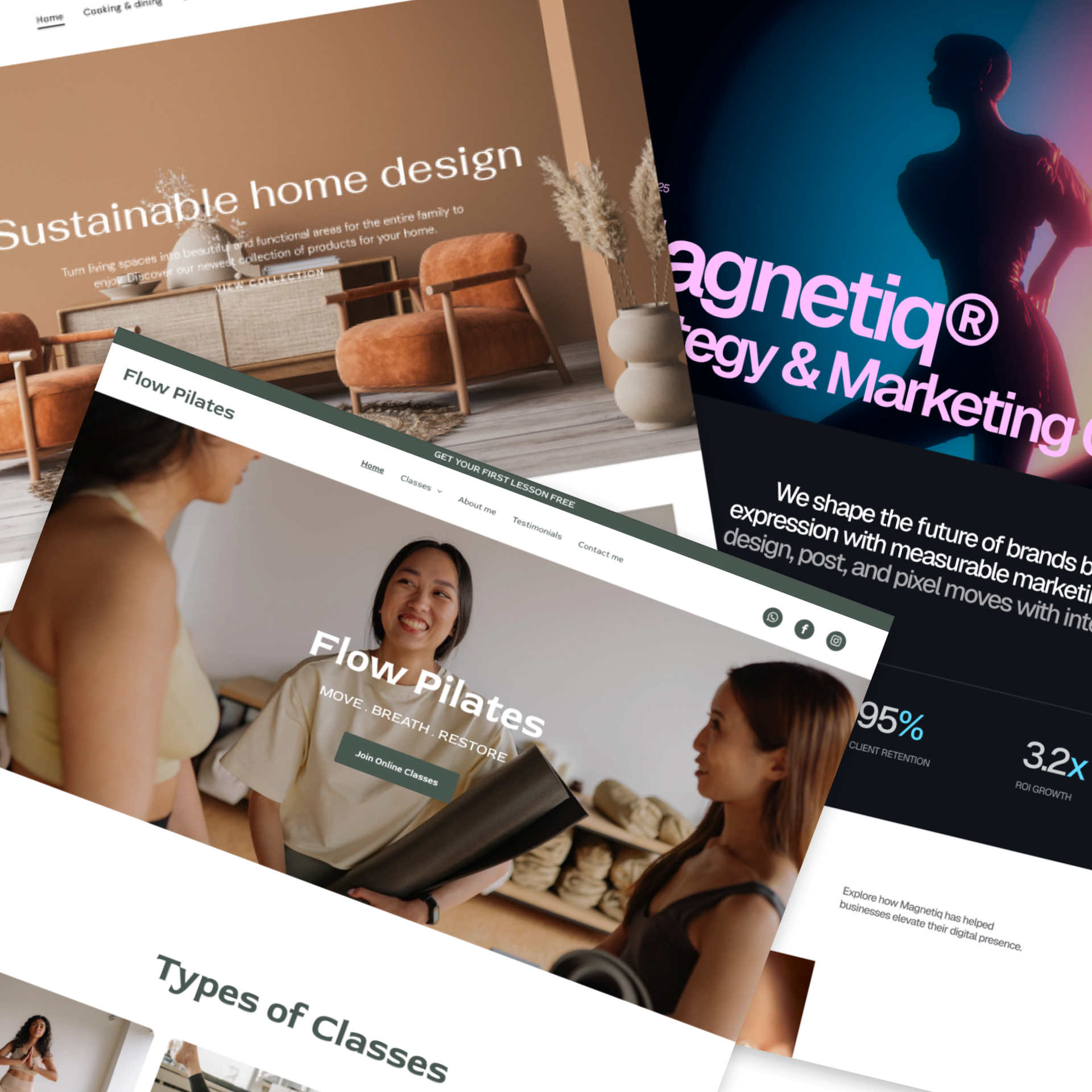 Collage of website mockups: home design, marketing, and pilates.