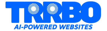 Blue "TRRBO" logo where the two letter 'R's are stylized as turbine fans, with "AI-POWERED WEBSITES" written below.