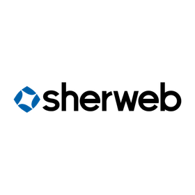 Logo of Sherweb, with a blue geometric shape to the left and black text.
