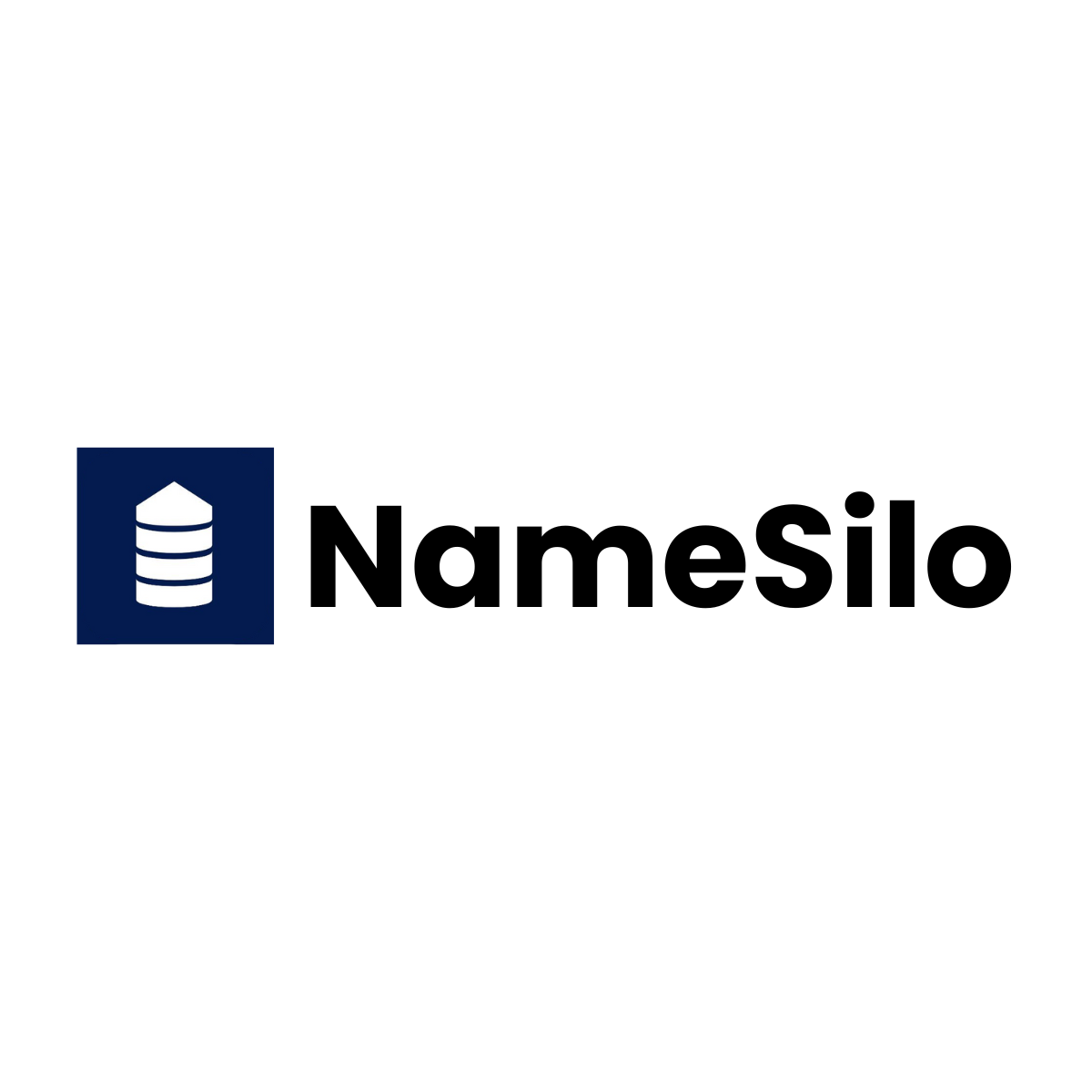 NameSilo logo: dark blue square with white silo icon, black text 