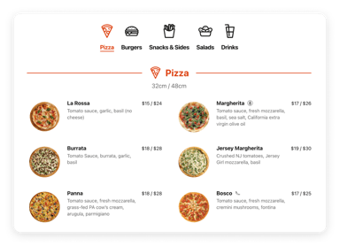 Pizza menu, includes pizza photos and descriptions with prices.