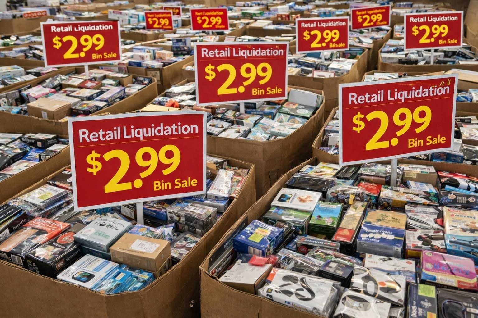 Large brown cardboard bins filled with various retail items, each labeled with a $2.99 liquidation sale sign.
