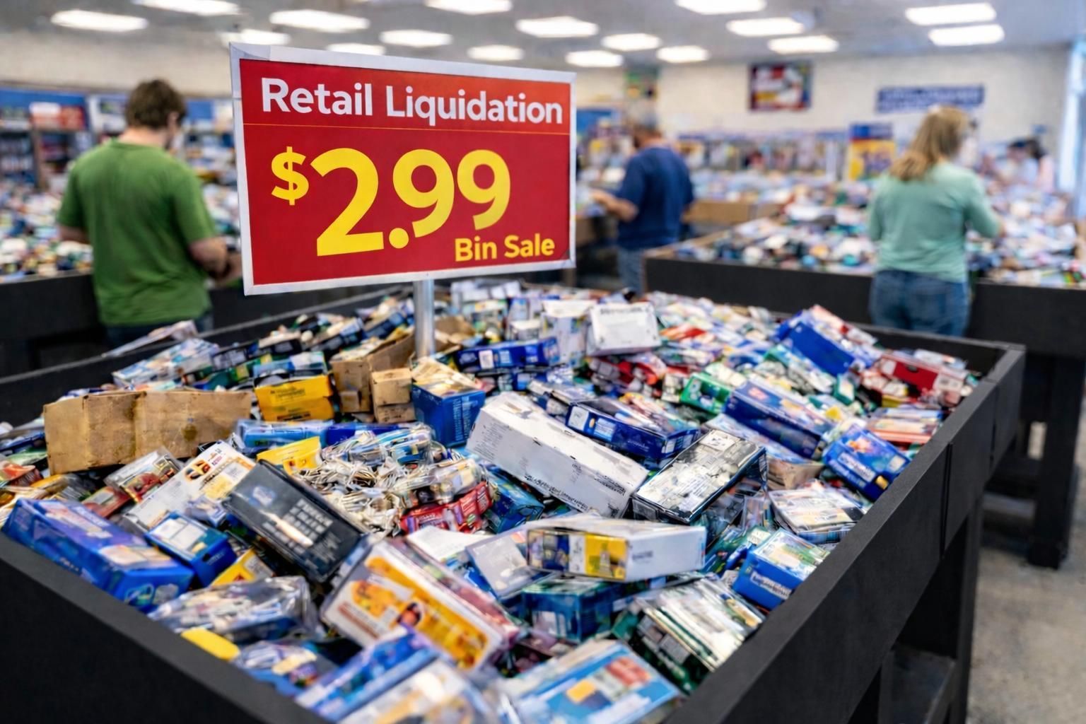 People browse bins of various boxed goods at a retail liquidation store with a prominent $2.99 price sign.