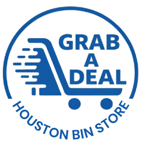 A blue circular logo with a shopping cart icon, the text "GRAB A DEAL" and "HOUSTON BIN STORE" underneath.