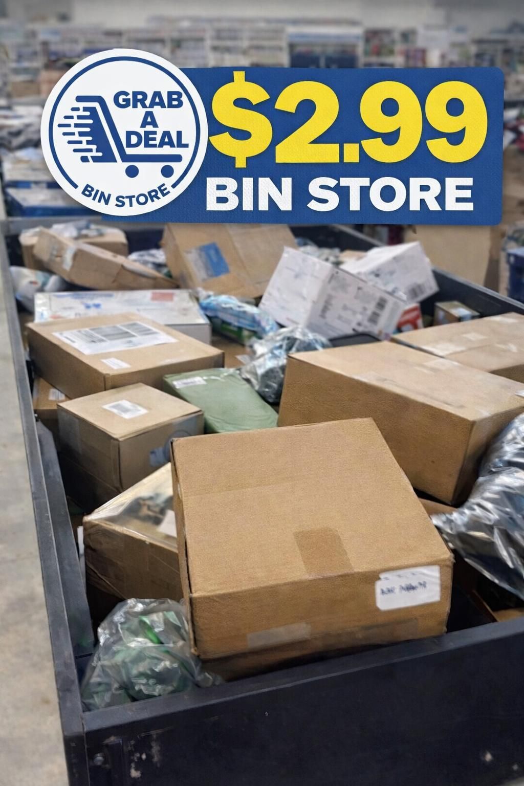 A large bin filled with various cardboard boxes and retail items, overlaid with a 