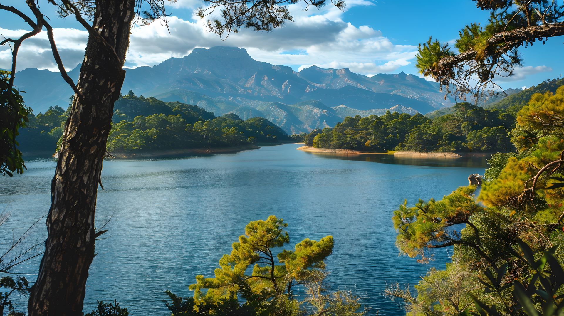 A lake surrounded by trees and mountains with mountains in the background