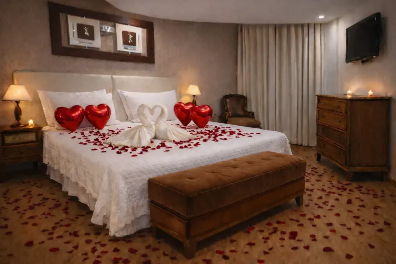 Quarto romântico decorado com pétalas de rosa, balões em forma de coração, toalhas com estampa de cisne e velas.