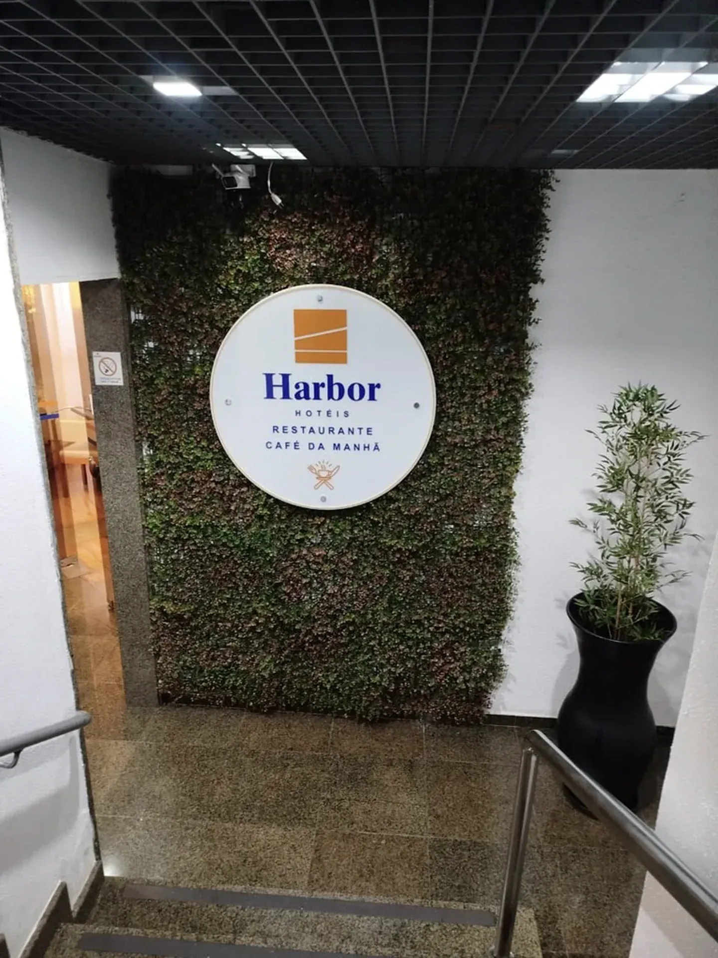 Prédio azul e branco com um amplo estacionamento, palmeiras e uma rua em frente. Dia ensolarado.