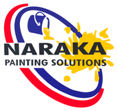 Logo for Naraka Painting Solutions featuring a paint bucket pouring yellow paint, with curved lines and text.