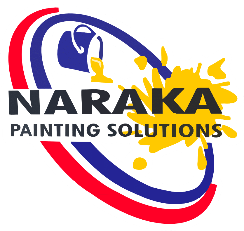 Logo for Naraka Painting Solutions featuring a paint bucket pouring yellow paint, with curved lines and text.