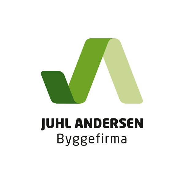 Et logo for juhl andersen byggefirma. Der er en grafisk repræsentation af J og A i grønne toner.