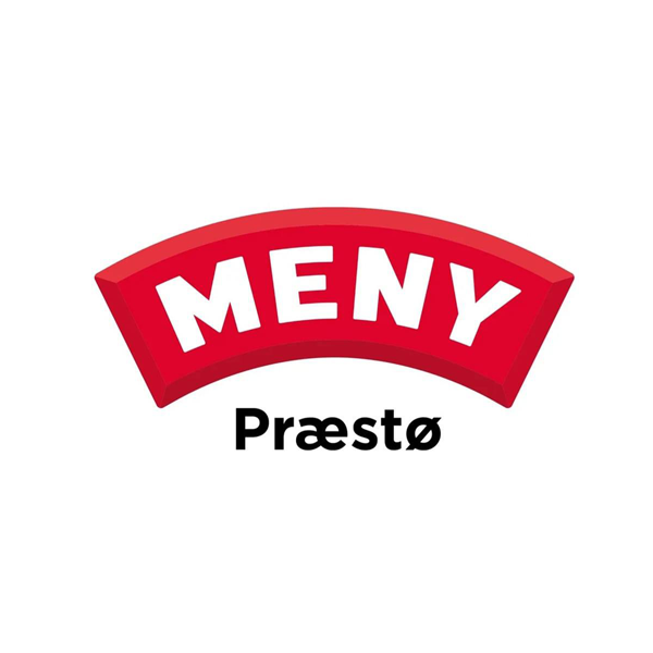 Et rødt og hvidt Meny Præstø logo på en hvid baggrund