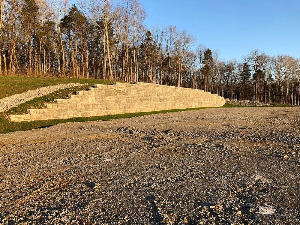 There is a large rock wall in the middle of a dirt field.