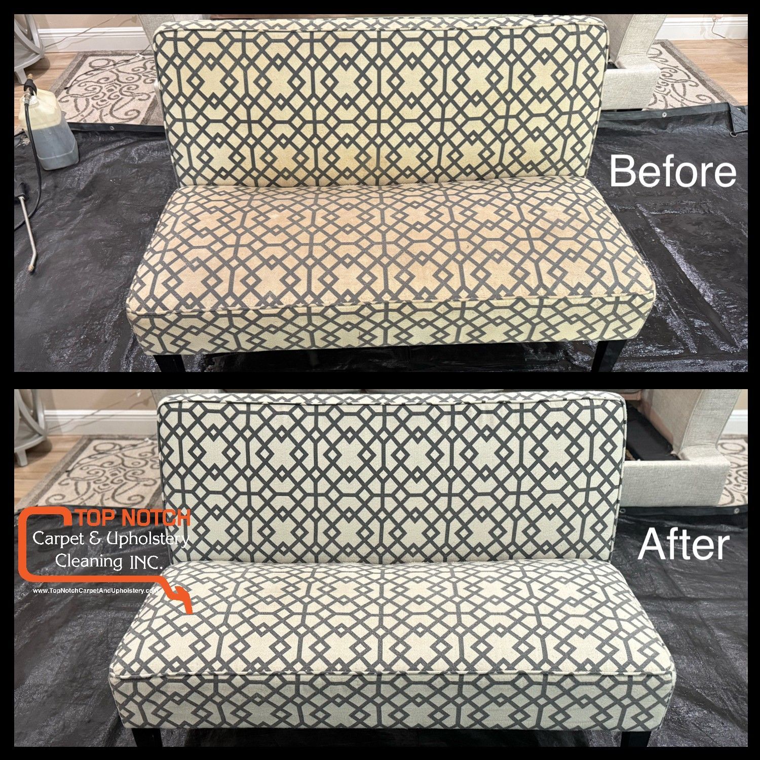 Before and after of a chair cleaning. Beige and gray patterned chair shows visible cleaning results.
