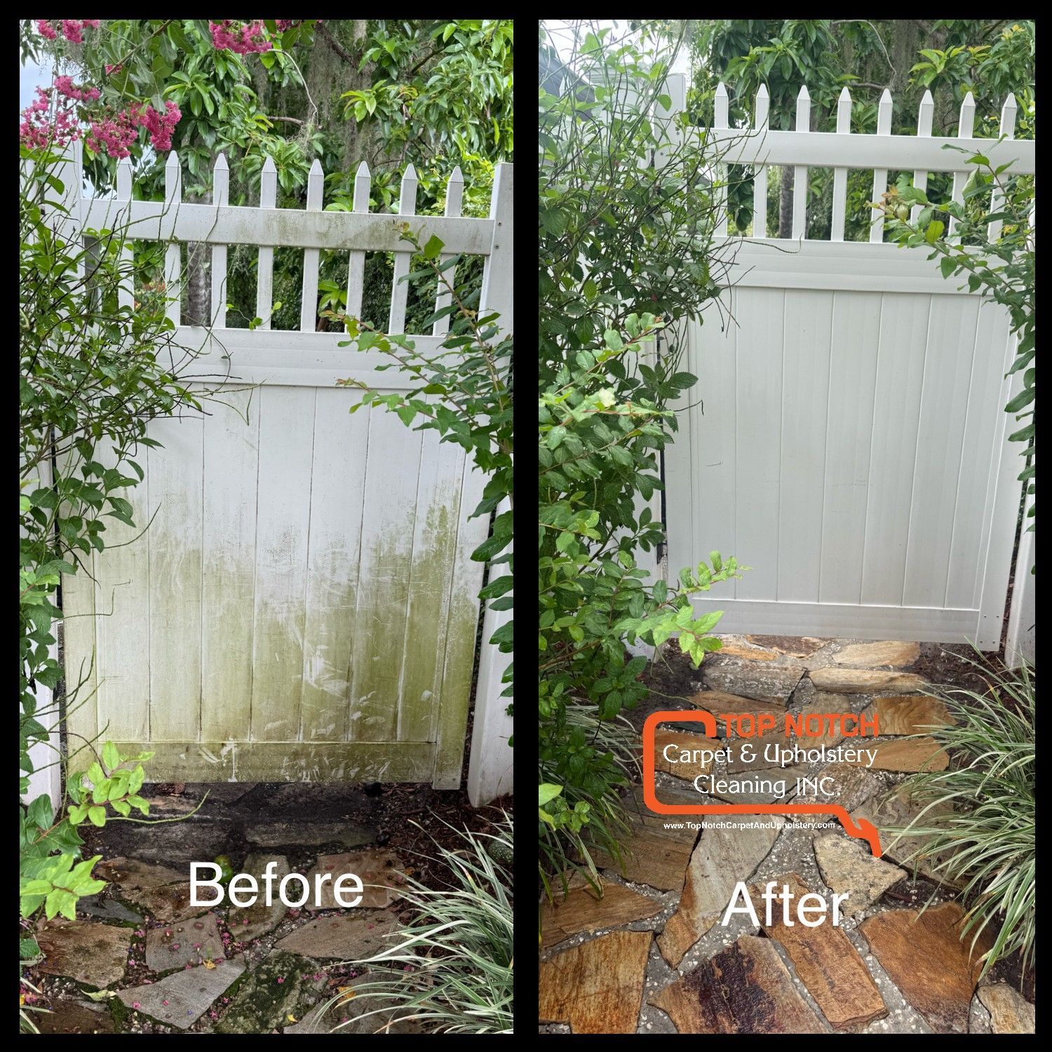 Before and after of a white wooden gate, cleaned of green mold. Surrounded by plants and a stone path.