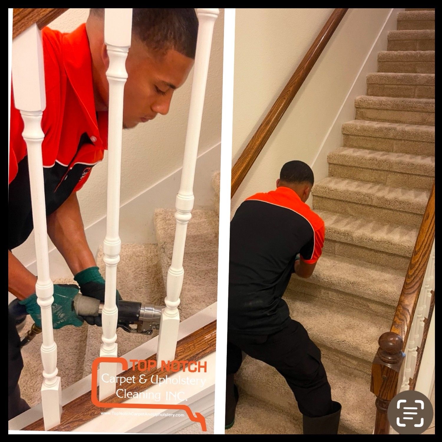 Man in black and red uniform using a power tool to work on carpeted stairs next to a banister.