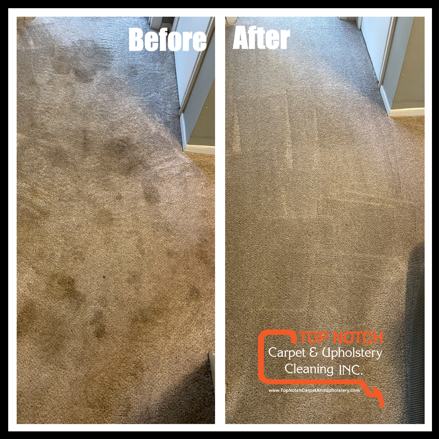 Before and after photos of carpet cleaning; stained carpet on left, clean carpet on right.