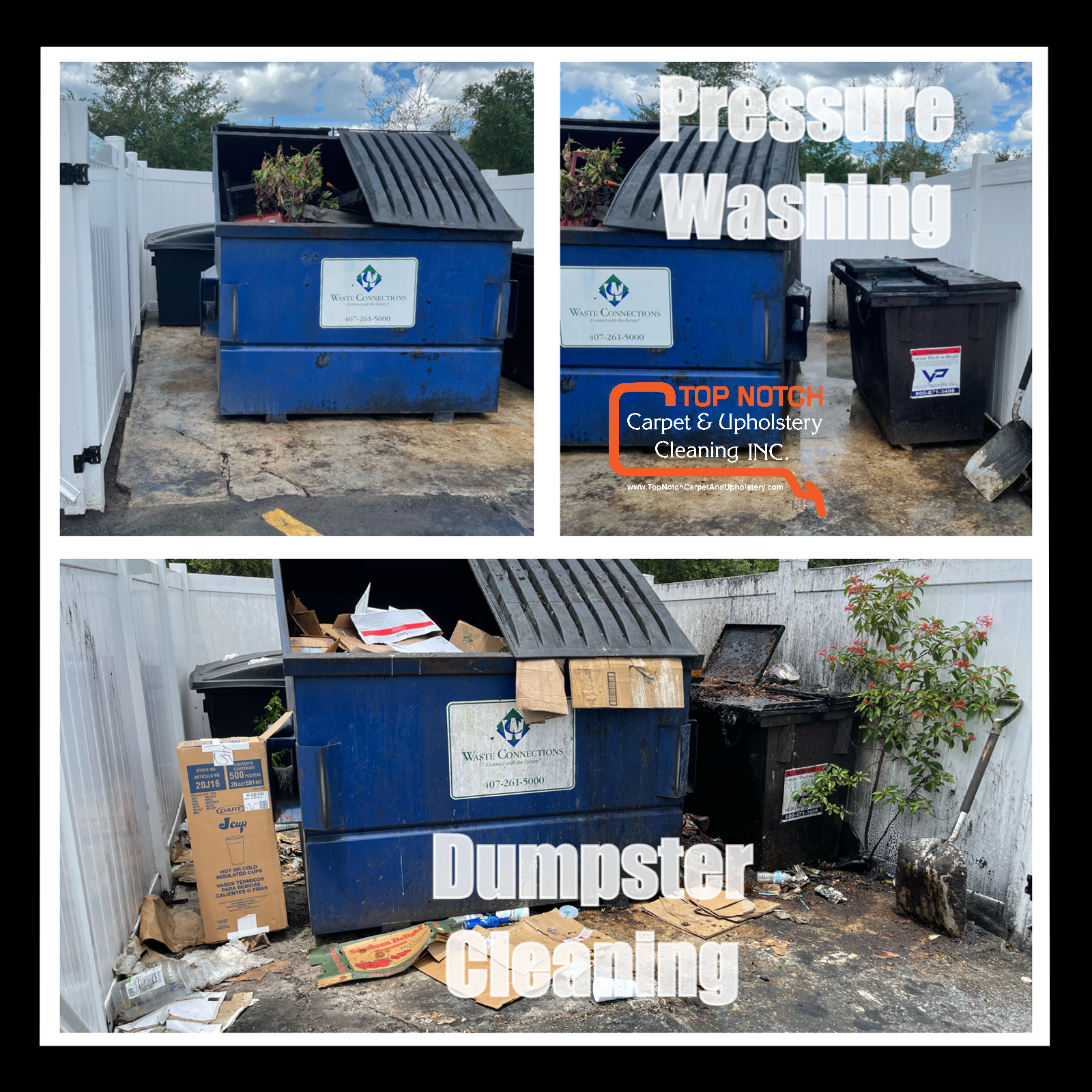 Three photos show a blue dumpster and surrounding area being pressure washed and cleaned; 