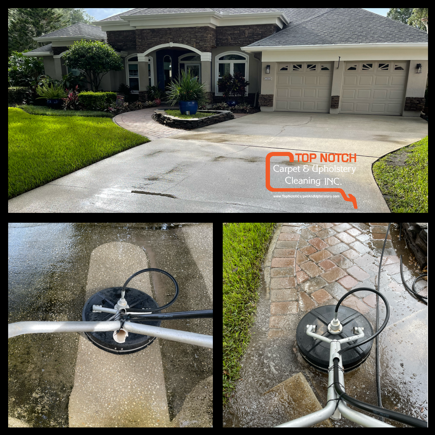 Driveway cleaning: Power washing a home's driveway and walkways; before and after views.