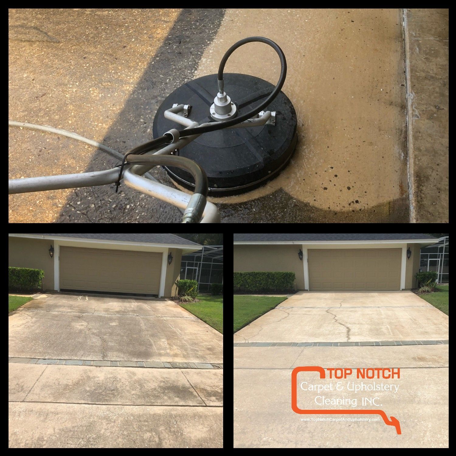 Driveway being pressure washed; before and after photos. Black cleaning device. Beige garage.