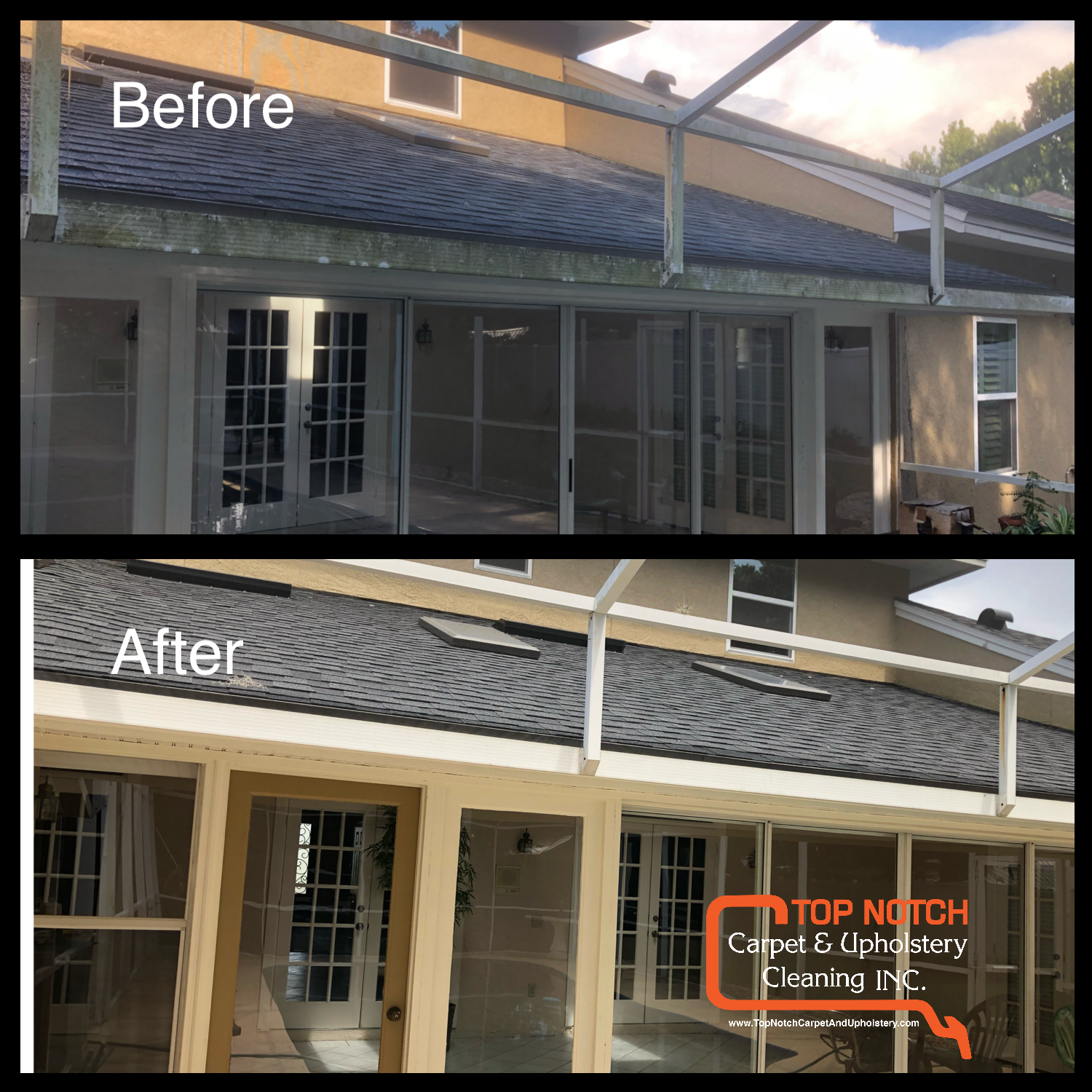 Before and after cleaning of a screened-in porch roof; top image is dirty, bottom is clean.