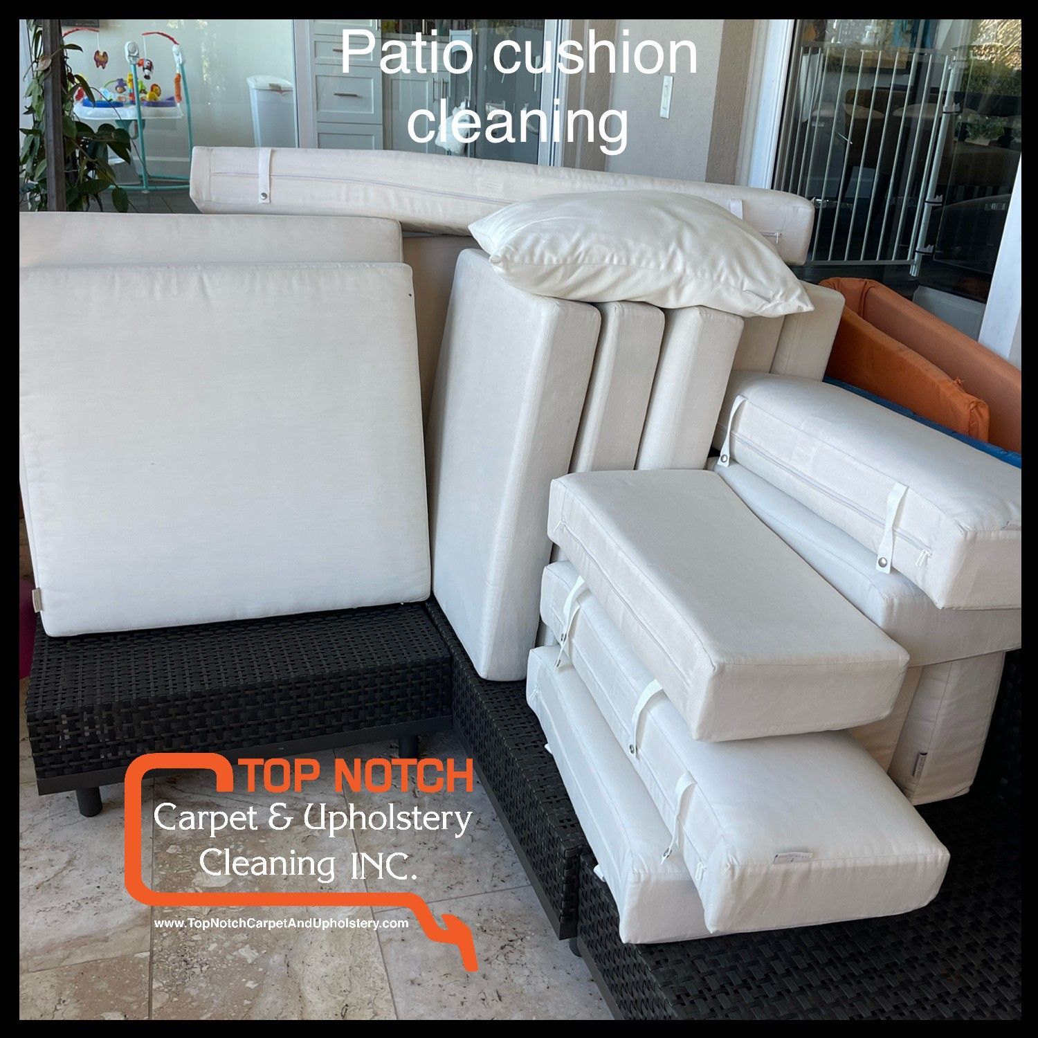 Patio cushions being cleaned by Top Notch Carpet & Upholstery Cleaning, Inc. White cushions stacked on a dark wicker base.
