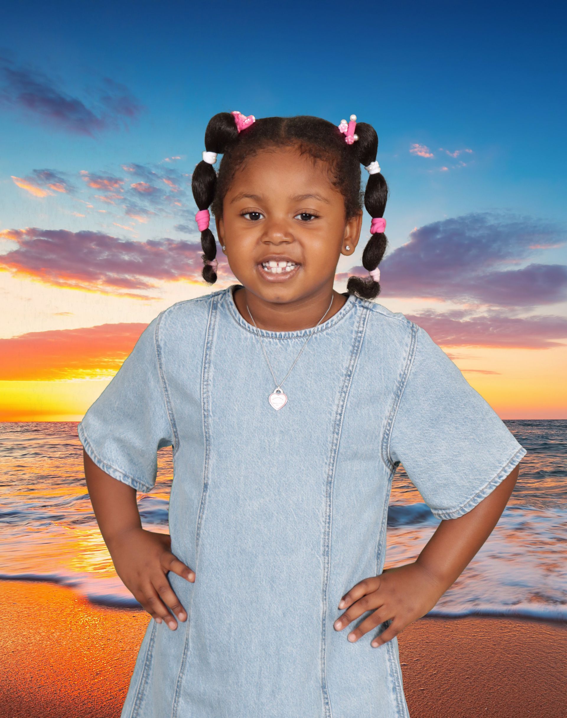 A little girl is standing on a beach with her hands on her hips.