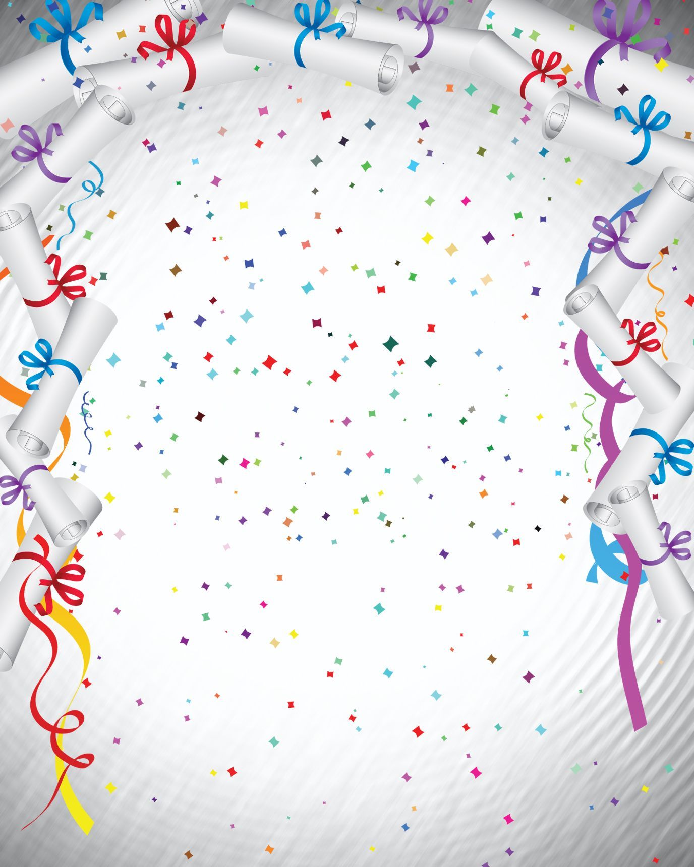 A white background with ribbons and confetti on it