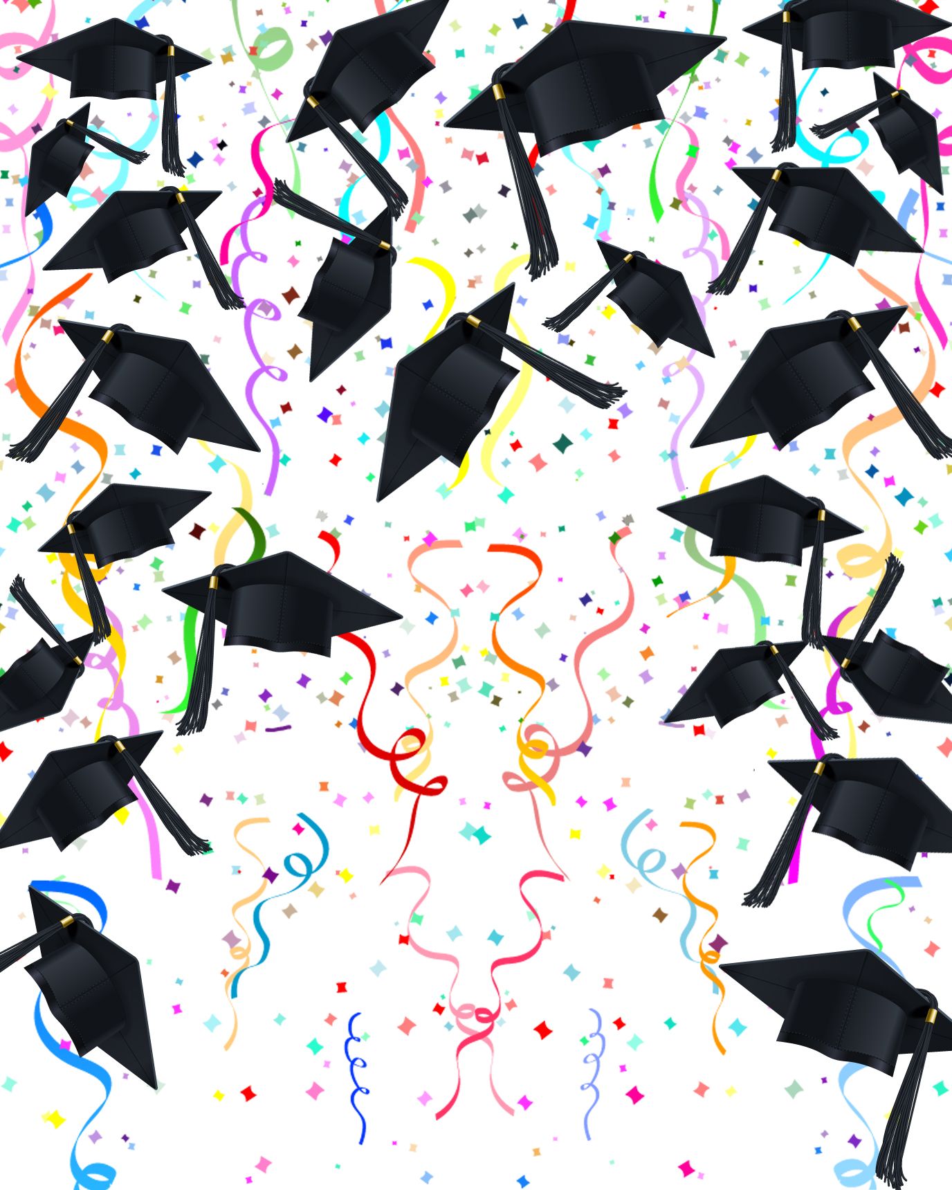 A bunch of graduation caps are flying in the air with confetti and streamers.