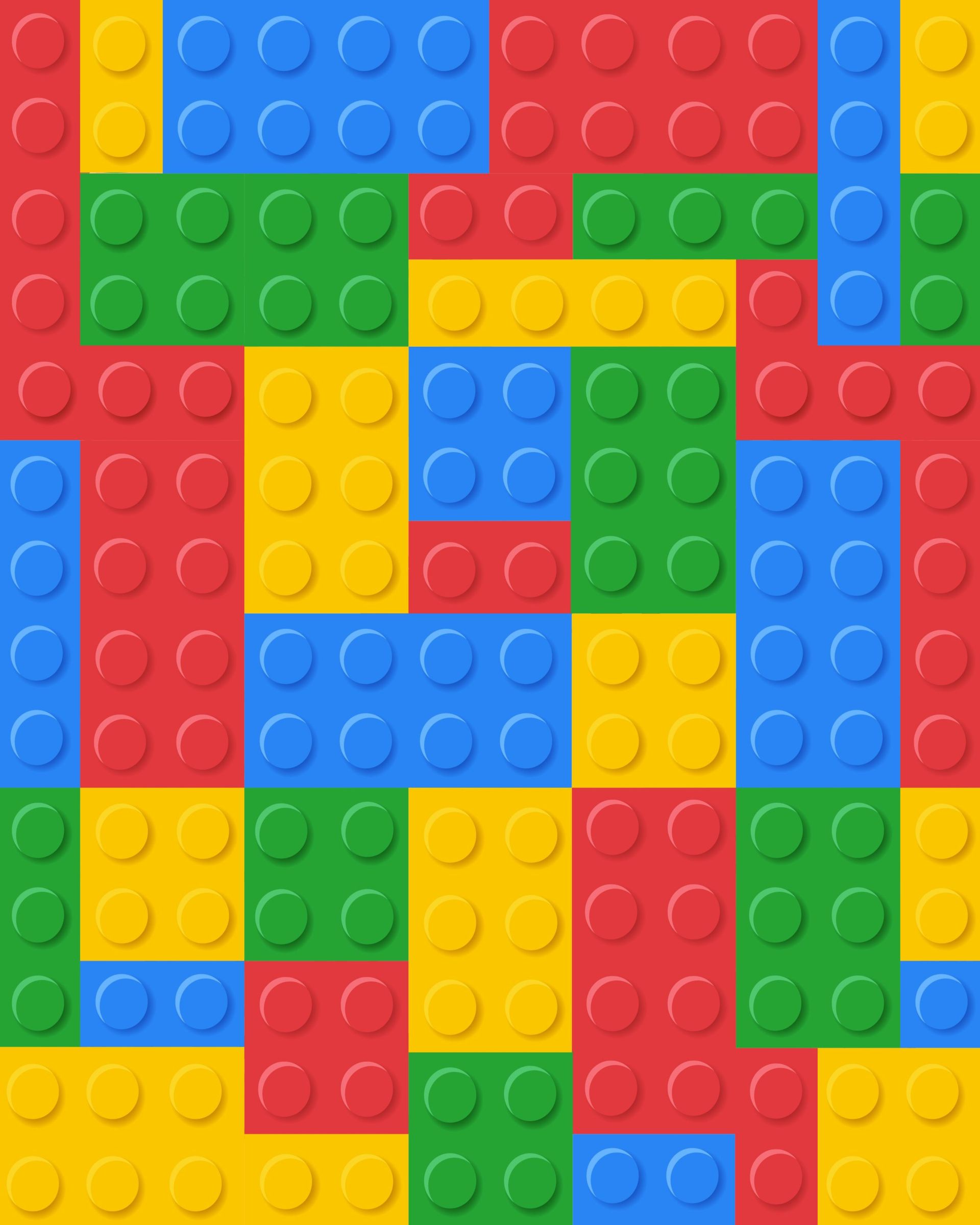 A seamless pattern of colorful lego bricks on a white background.