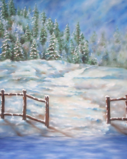 A painting of a snowy field with trees in the background