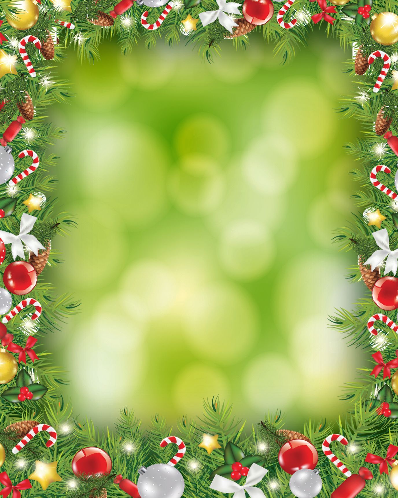A christmas frame with a green background and christmas decorations