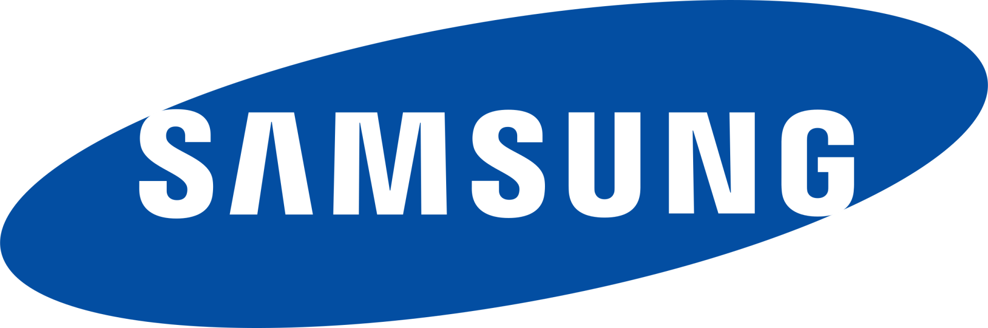 Samsung logo, white text on a blue oval background.
