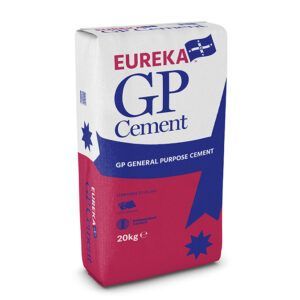 Bag of Eureka GP general purpose cement, white, blue, and red, with a blue flag symbol and