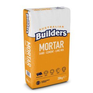 Bag of Australian Builders mortar mix, orange and white label, 20kg. — Wodonga Sand & Soil in Wodonga, VIC
