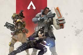 Three characters from Apex Legends pose in gear with weapons, positioned below the game's red and white logo.