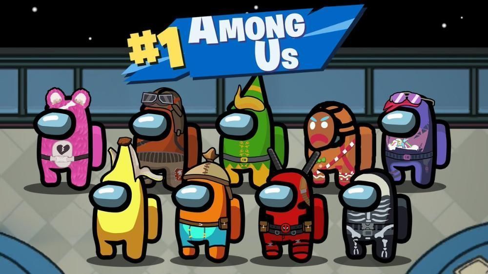 Nine Among Us characters with various skins and accessories stand together under a 