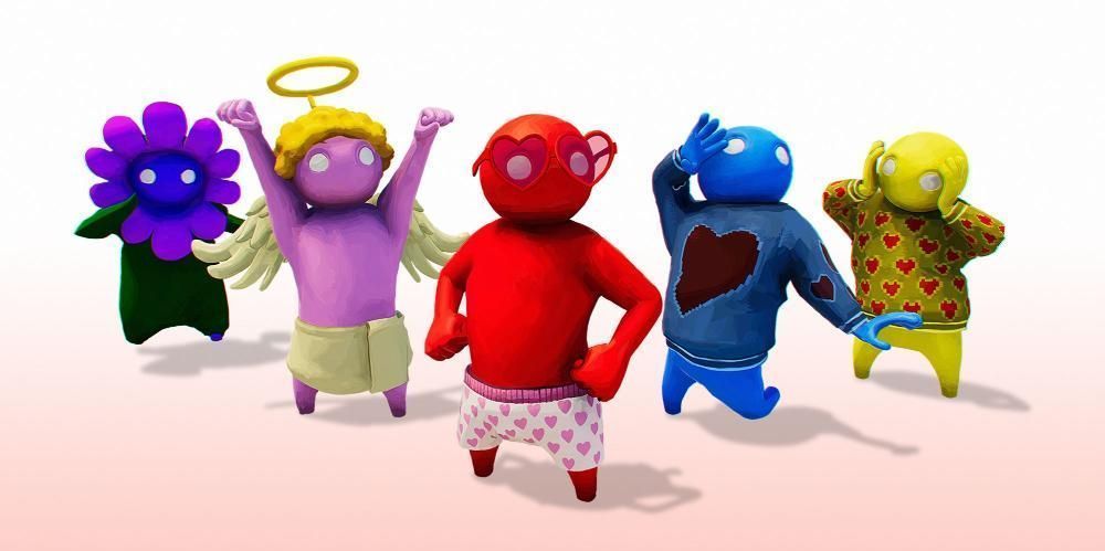Five colorful, faceless characters with rounded bodies stand in a row against a plain, light pink background.