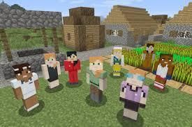 A group of seven Minecraft characters stand in a village field next to a stone well and wooden houses.