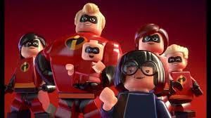 Lego versions of the Incredibles family and Edna Mode pose against a solid red background.