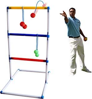 A person throws a set of green and red bolas at a three-tiered ladder-ball target.
