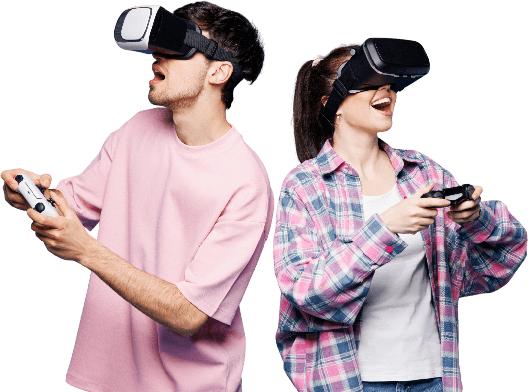 Two people wearing VR headsets and holding game controllers, both laughing and looking up against a white background.