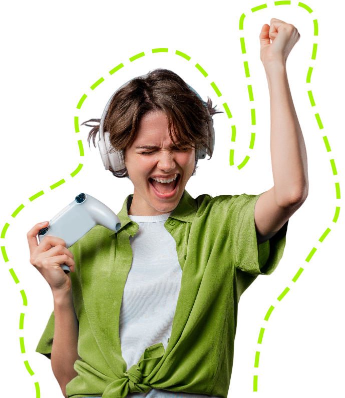 A person wearing headphones holds a game controller and celebrates with a raised fist, outlined by a dashed green line.