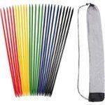 A set of red, yellow, green, blue, and black wooden pick-up sticks with a gray carrying bag.