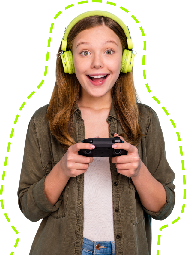 A smiling person wearing lime green headphones holds a game controller against a white background with a green border.