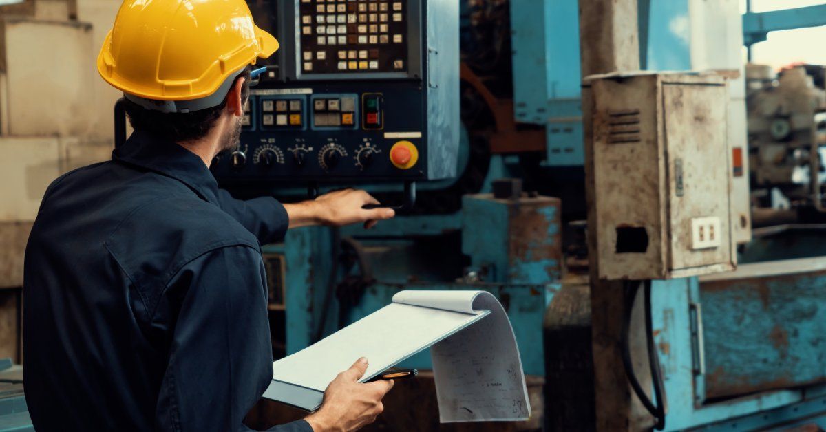 A factory worker holds a clipboard while inspecting the control panel of an industrial machine.