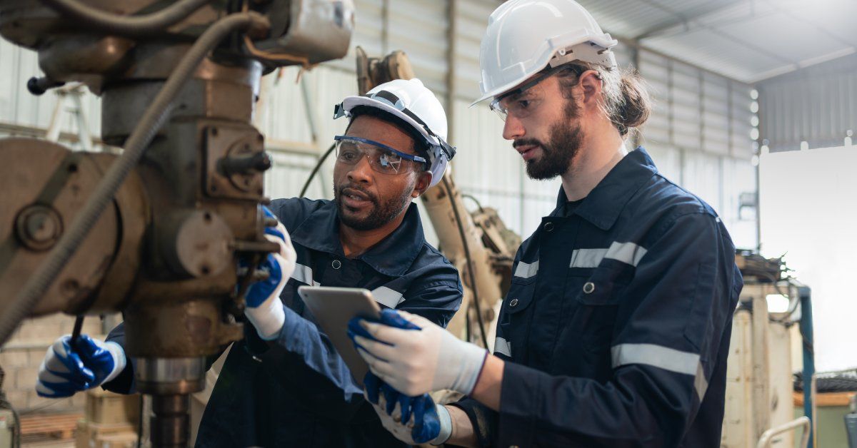 Two male engineers wearing PPE work on a repair for an industrial machine, while one holds an iPad.